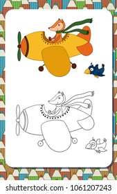 Page of coloring book with contour cartoon illustration and colorful example. Cute fox pilot flying by airplane. Portrait vertical orientation. Vector.