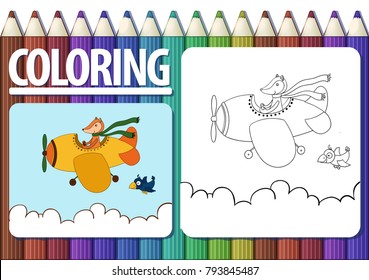 Page of coloring book with contour cartoon illustration and colorful example. Cute fox pilot flying by airplane. Album horizontal orientation. Vector. 