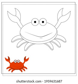 Page of the coloring book, crab. Sketch and color version. Coloring book for kids. Vector illustration isolated on a white background