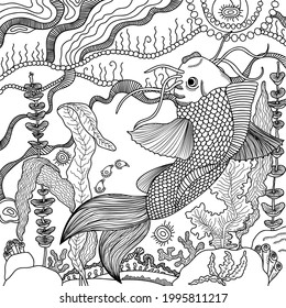 Page from “Animals” coloring book with fish can be used
to orginize coloring book or as decor, background, textile