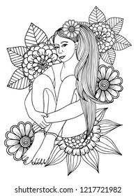 Page for coloring book. Girl and  flowers. Doodles in black and white
