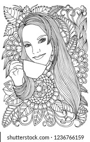 Page for coloring book. Girl and  flowers. Doodles in black and white