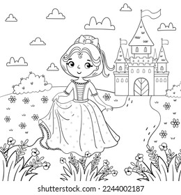 Seite des Farbbuchs mit einem Mädchen und einer Prinzessin auf dem Hintergrund eines magischen Schlosses. Design für Kinder. Vektorgrafik im Cartoon-Stil.