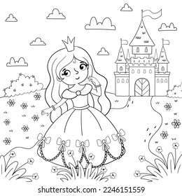 Seite des Farbbuchs mit einem Mädchen und einer Prinzessin auf dem Hintergrund eines magischen Schlosses. Vektorgrafik im Cartoon-Stil. Design für Kinder.