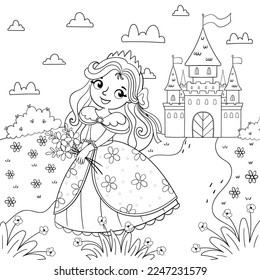 Página del libro de colorear con una chica y una princesa sobre el fondo de un castillo mágico. Diseño para niños. Ilustración vectorial en un estilo de caricatura.