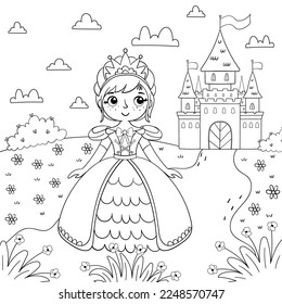 Seite des Farbbuchs mit einem Mädchen und einer Prinzessin auf dem Hintergrund eines magischen Schlosses. Design für Kinder. Vektorgrafik im Cartoon-Stil.