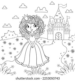 Seite des Farbbuchs mit einem Mädchen und einer Prinzessin auf dem Hintergrund eines magischen Schlosses. Design für Kinder. Vektorgrafik im Cartoon-Stil.