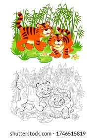 Page for coloring book. Illustration of two cute toy tigers in jungle. Printable worksheet for children exercise book. Online education. Flat cartoon vector. Animals for kids.