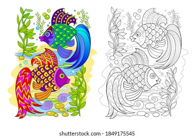 Page for coloring book. Illustration of two cute fishes. Fantasy underwater life. Online education. Animals for kids. Printable worksheet for drawing and meditation for children and adults.