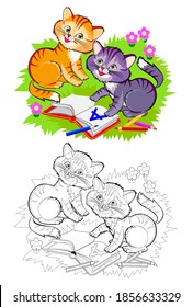 Page for coloring book. Illustration of two cute cats learning to read. Online education. Animals for kids. Printable worksheet for drawing and meditation for children and adults. Back to school.