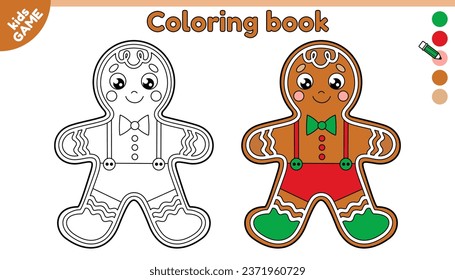 Page of coloring book for kids with cartoon Christmas gingerbread man. Color contour new year cookies. Activity book for preschool children. Vector outline illustration of the classic Xmas biscuit.