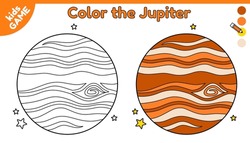 Page Of Coloring Book For Kids. Color Cartoon The Jupiter In Space. Outline Planet Of Solar System. Activity For Preschool And School Children. Black And White And Colorful Illustration. Vector Design