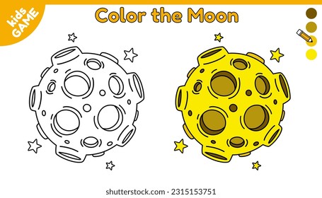 Page of coloring book for kids. Color cartoon Moon. Outline planet of solar system. Activity for kindergarten and preschool children. Vector black and white design on space theme.