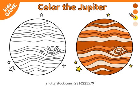 Seite des Farbbuchs für Kinder. Farbkartoon der Jupiter im All. Planet des Sonnensystems. Aktivitäten für Vorschulkinder und Schulkinder. Schwarz-Weiß und bunte Illustration. Vektordesign