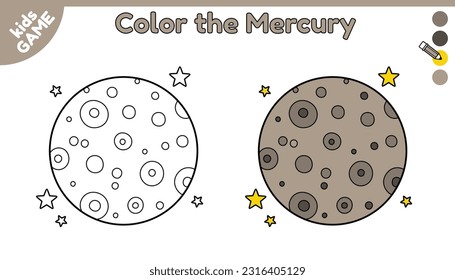 Page of coloring book for kids. Color cartoon the Mercury in space. Outline planet of solar system. Activity for preschool and school children. Black and white and colorful illustration. Vector design