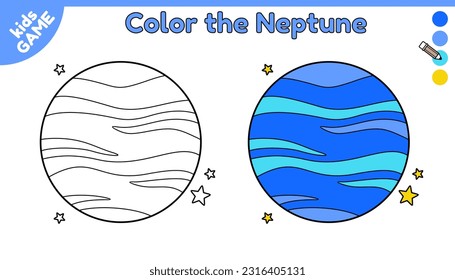 Page of coloring book for kids. Color cartoon the Neptune in space. Outline planet of solar system. Activity for preschool and school children. Black and white and colorful illustration. Vector design