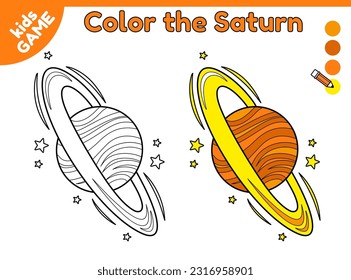 Page of coloring book for kids. Color cartoon the Saturn in space. Outline planet of solar system. Activity for preschool and school children. Black and white and colorful illustration. Vector design.