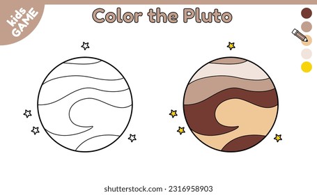 Seite des Farbbuchs für Kinder. Farbkartoon der Pluto im Raum. Planet des Sonnensystems. Aktivitäten für Vorschulkinder und Schulkinder. Schwarz-Weiß und bunte Illustration. Vektordesign.