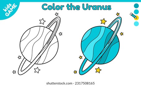 Page of coloring book for kids. Color cartoon the Uranus in space. Outline planet of solar system. Activity for preschool and school children. Black and white and colorful illustration. Vector design.