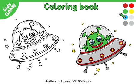 Seite des Farbbuchs für Kinder. Farbkartoon-Alien in fliegenden Untertassen. Umrisse extraterrestrische Raumverhältnisse. Aktivität für Kindergarten und Vorschulkinder. Einzeln Vektorgrafik-Schwarz-Weiß-Design.