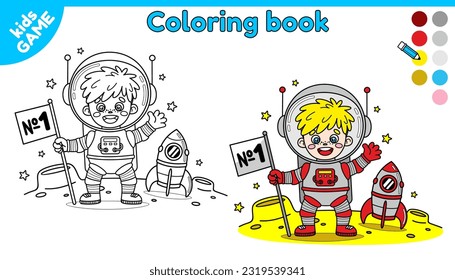 Page of coloring book for kids. Color cartoon astronaut with spaceship on the Moon. Outline cosmonaut in space. Activity for kindergarten and preschool children. Isolated vector black and white design