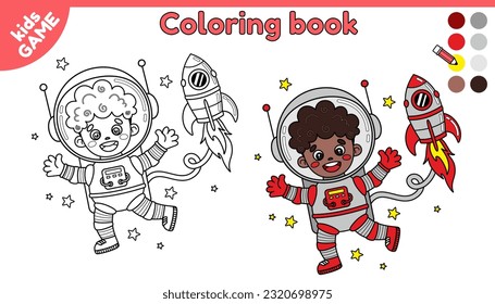 Page of coloring book for kids. Color cartoon astronaut boy afro american with spaceship in space. Outline spaceman dark skinned in cosmos. Educational activity for children. Isolated vector design.