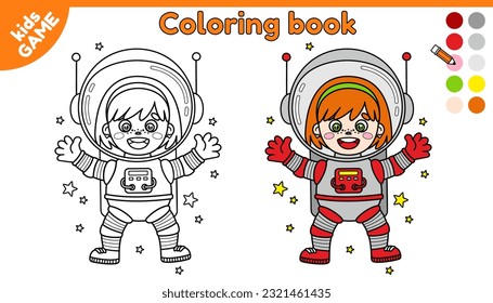 Página del libro de colorear para niños. Niña astronauta de dibujos animados a color con estrellas en el espacio. Esbozo de chica cosmonauta en galaxia. Actividad educativa para niños de preescolar y escolares. Diseño vectorial aislado.