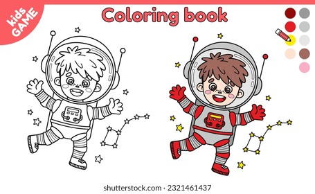 Seite des Farbbuchs für Kinder. Farbkartoon Astronautenjunge mit Sternbild im Weltraum. Rahmenkosmonaut in der Galaxie. Bildungstätigkeit für Vorschul- und Schulkinder. Einzelnes Vektordesign.