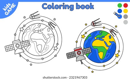 Page of coloring book for kids. Color cartoon planet Earth with probe and satellites in space. Black and white outline planet of Solar system in cosmos. Paint game for children. Isolated vector design