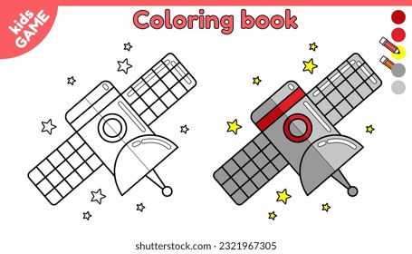 Page of coloring book for kids. Color cartoon probe with stars in space. Black and white outline probe in galaxy. Paint game for preschool and school children. Isolated vector design.