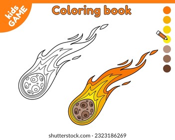 Page of coloring book for kids. Color cartoon cartoon flying comet in space. Black and white outline comet in galaxy. Paint the picture. Puzzle for kindergarten and school children. Vector design.