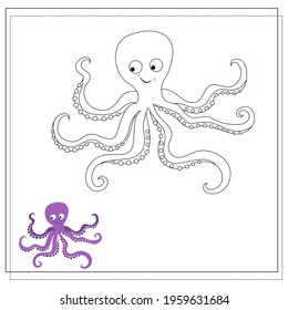 The page of the coloring book, octopus. Sketch and color version. Coloring book for kids. Vector illustration isolated on a white background