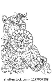 Page for coloring book. Outline flowers. Doodles in black and white