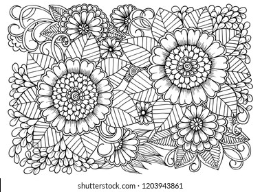 Page for coloring book. Outline flowers. Doodles in black and white