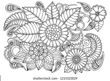 Page for coloring book. Outline flowers. Doodles in black and white