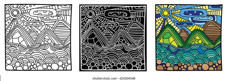 Page coloring book for print with options. Picture for adults and kids with landscape. Thick contour, hand drawn style.