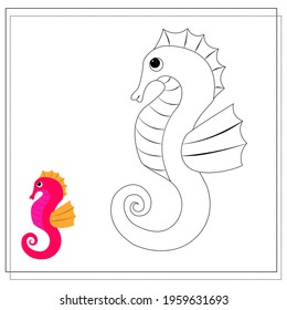 Page of the coloring book, seahorse. Sketch and color version. Coloring book for kids. Vector illustration isolated on a white background