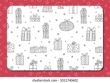 Page of coloring book. Set of cute cartoon contour gift boxes and presents. Red background with star and demilunes. Vector illustration.   