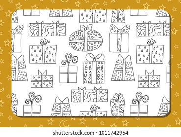 Page of coloring book. Set of cute cartoon contour gift boxes and presents. Yellow background with star and demilunes. Vector illustration.   