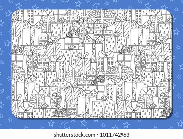 Page of coloring book. Set of cute cartoon contour gift boxes and presents. Blue background with star and demilunes. Vector illustration.   
