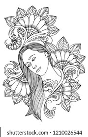 Page for coloring book. Woman and  flowers. Doodles in black and white