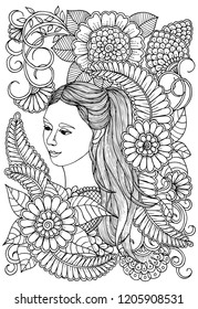 Page Coloring Book Woman Outline Flowers Stock Vector (Royalty Free ...