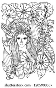 Page for coloring book. Woman and outline flowers. Doodles in black and white