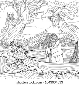 Page from the coloring book-a crocodile in a coat floats in a boat in a swamp, an owl looks at it against the background of mountains and forests.Fairy tale illustration in doodel style 
