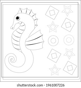 Page coloring books, handwriting practice for kids, seahorse. A sketch. Vector