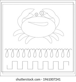 Page coloring books, handwriting practice for kids, cartoon crab. A sketch. Vector