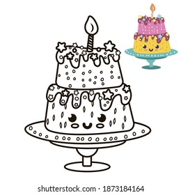 Page coloring cake. Kids activity game. Monochrome object and color icon on the white background