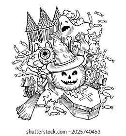 
Page for coloring with an illustration on the theme of the autumn holiday Halloween. Traditional elements of scary themed parties. Hand drawn pumpkin, ghost, potion, coffin. Vector line art image