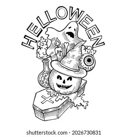 
Page for coloring with an illustration on the theme of the autumn holiday Halloween. Traditional elements of scary themed parties. Hand drawn pumpkin, ghost, potion, coffin. Vector line art image