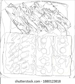 Página para colorear con la imagen de rollos. Ilustración abstracta vectorial del sushi.